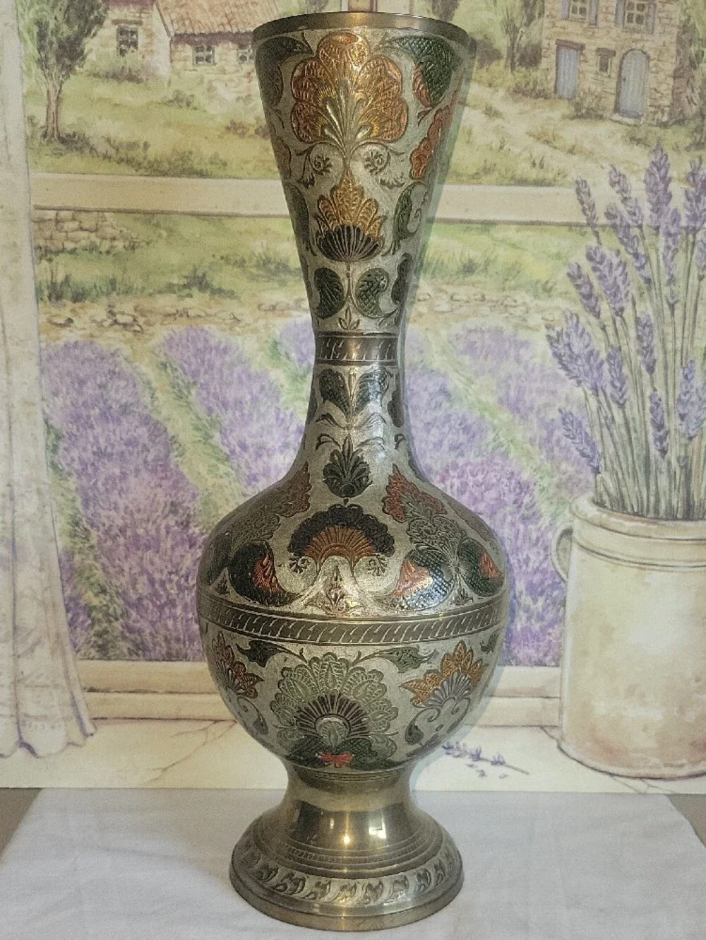 Vintage Penco Industries Brass Vase Enameled Etched Floral India Boho 1970s 14.5